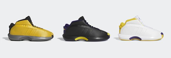 Side view of Kobe Bryant's gold, black, and white adidas sneakers.